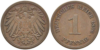 ГЕРМАНИЯ 1 ПФЕННИГ 1896 A KM 10, J. 10, Weege 2 медь 211-214
