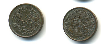 НИДЕРЛАНДЫ 1/2 ЦЕНТА 1937 KM 138 бронза 84-914