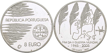 Португалия 8 евро 2005 60 лет окончания 2-ой мировой войне KM 773а серебро PROOF 1076-2-33