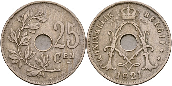 Бельгия 25 сантимов 1921 KM 69 медно-никель 4165-414