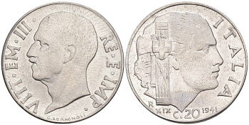 ИТАЛИЯ 20 ЧЕНТЕЗИМО 1941 R, ГОД XIX, ВИКТОР ЭММАНУИЛ III (1900-1946) KM 75b, VEM3. 1028 нержавеющая сталь 3853-624