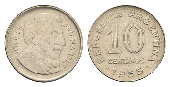 Аргентина 10 сентаво 1955 генерал Хосе де Сан Мартин KM 51 сталь плакированная никелем 4664-554