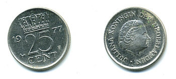 Нидерланды 25 центов 1977 Юлиана (1948-1980) KM 183 никель 76-526