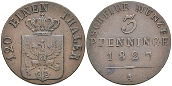 ПРУССИЯ 3 ПФЕННИГА 1827 А, ФРИДРИХ ВИЛЬГЕЛЬМ III (1797-1840), ВЕС 4,56 ГР., МОНДВОР БЕРЛИН KM 407, Jaeger 44, AKS 33, Olding 189. медь 31-1057