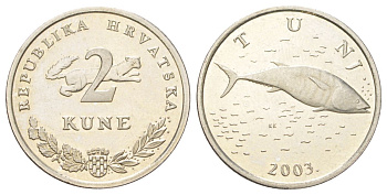 Хорватия 2 куна 2003 тунец, легенда на хорватском KM 10 медь цинк никель UNC 4624-454