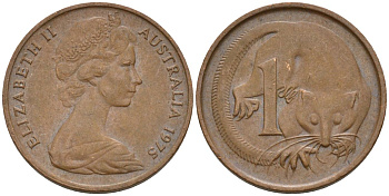 Австралия 1 цент 1975 Елизавета II (1952-) молодой портрет, опоссум KM 62 бронза    4154-424