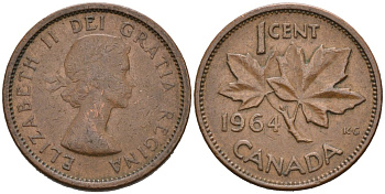 Канада 1 цент 1964 Елизавета II (1952-2022), кленовый лист KM 49 бронза 4564-848
