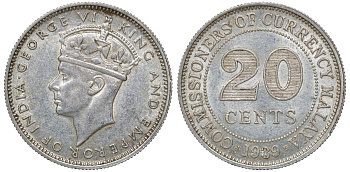 Британская Малайя 20 центов 1939 Георг VI (1937-1952) KM 5 серебро 53-412