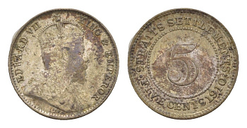 Стрейтс-Сетлментс (Стрейтс Сетлментс) 5 центов 1910 Эдуард VII (1901-1910) KM 20a серебро 1519-1035
