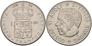 Швеция 1 крона 1971 U, Густав VI Адольф (1950-1973) KM 826a медь плакированный медно-никелем 4150-324