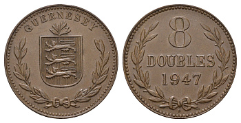 Гернси 8 даблов (дублей) 1947 KM 14 бронза 4607-542