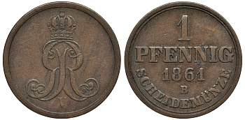 Ганновер 1 пфенниг 1861 B, Георг V KM 233, AKS 156, J. 90 медь 4594-217