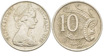 Австралия 10 центов 1968 Елизавета II (1952-), птица лирахвост KM 65 медно-никель 4521-215
