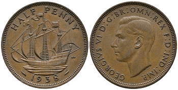 Великобритания 1/2 пенни 1938 Георг VI (1936-1952) KM 844, Spink 4115 бронза 34-1024