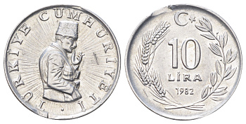 Турция 10 лир 1982 год-тип KM 950.1 алюминий UNC 4699-1223