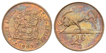 ЮАР 2 цента 1983 герб, антилопа гну KM 83 бронза UNC 4695-1045