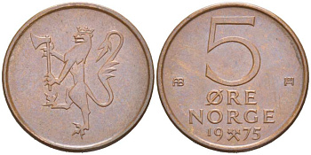 Норвегия 5 эре 1975 Улаф V (1958-1991) KM 415 бронза 218-1055
