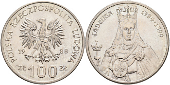 Польша 100 злотых 1988 MW, серия Польские правители, королева Ядвига (1384-1399) KM 183 медно-никель 63-922