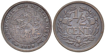 НИДЕРЛАНДЫ 1/2 ЦЕНТА 1928 ВИЛЬГЕЛЬМИНА I (1891-1948) KM 138 бронза 4547-1247