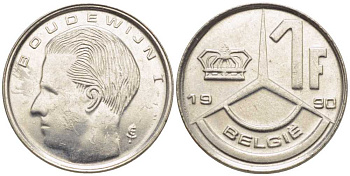 Бельгия 1 франк 1990 Belgie, Бодуэн I (1951-1993) KM 171 нержавеющая сталь 116-1041