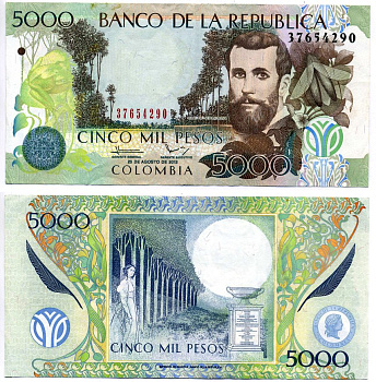 Колумбия 5000 песо 2012 20 августа Pick 452n бумага XF 7523-50-3-2