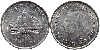 Швеция 1 крона 2008 Карл XVI Густав (1973- ) KM 894 медно-никель 87-117