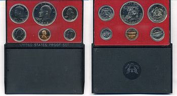 США годовой набор из 6 монет (1, 5, 10, 25 и 50 центов; 1 доллар) 1973 в оригинальной упаковке KM PS135 (164a, A192, 195a, 201, 202b и 203a) PROOF 8-2-02-22