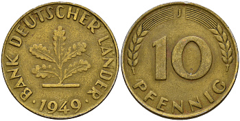 ФРГ 10 пфеннигов 1949 J KM 103, J.378 сталь плакированная латунью    4601-842