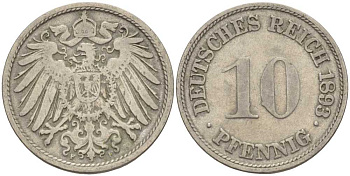 ГЕРМАНИЯ 10 ПФЕННИГОВ 1893 F KM 12, J. 13 медно-никель 4401-941