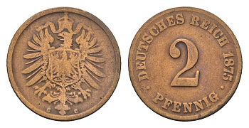 Германия 2 пфеннига 1875 G, Вильгельм I (1871-1888) KM 2, J. 2 бронза 4632-246