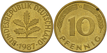 ФРГ 10 пфеннигов 1987 G J. 383, KM 108 сталь плакированная латунью    4603-546