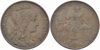 ФРАНЦИЯ 10 САНТИМОВ 1898 ТИП ДАНИЭЛЬ ДЮПЮИ KM 843, LA FRANC 136.6 бронза 109-116