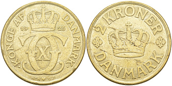 Дания 2 кроны 1925 HCN; GJ, Кристиан X (1912-1947) KM 825.2 алюминиевая бронза 4111-435