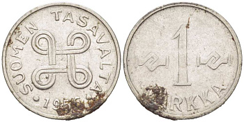 ФИНЛЯНДИЯ 1 МАРКА 1956 KM 36а железо плакированное никелем 218-1222