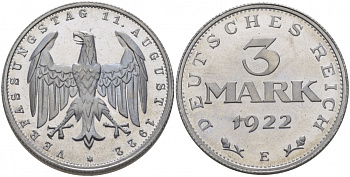 Германия 3 марки 1922 E, третья годовщина Веймарской конституции KM 29, J. 303 алюминий PROOF 00-814-33
