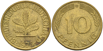 ФРГ 10 ПФЕННИГОВ 1978 D KM 108, J.383 сталь плакированная латунью 75-642