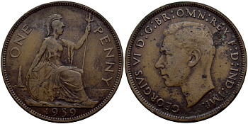 Великобритания 1 пенни 1939 Георг VI (1936-1952) KM 845, Spink 4114 бронза 540-511