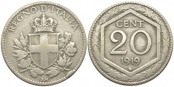 ИТАЛИЯ 20 ЧЕНТЕЗИМО 1919 KM 58 медно-никель 3856-915