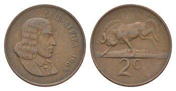 ЮАР 2 цента 1965 Ян ван Рибек (1619-1677), Suid Africa, легенда на африкаанс, антилопа гну KM 66.2 бронза 4627-162