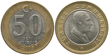 Турция 50 курушей 2005 KM 1168 биметалл 4561-1141