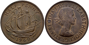 Великобритания 1/2 пенни 1960 Елизавета II (1952-2022) KM 896, Spink 4158 бронза 51-2211