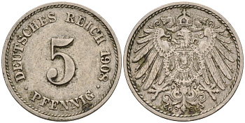 Германия 5 пфеннигов 1908 A KM 11, Jager 12, Weege 6 медно-никель 4151-465