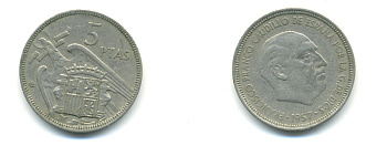 ИСПАНИЯ 5 ПЕСЕТ 1957 (60) ФРАНСИСКО ФРАНКО ДИКТАТОР ИСПАНИИ (1939-1975) KM 786 медно-никель 83-245