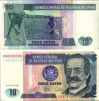 Перу 10 инти 1987 Рикардо Пальма, писатель, ученый, библиотекарь Pick 129 бумага UNC (пресс) 447-41-1