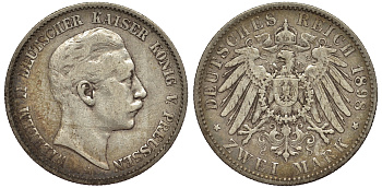 Пруссия 2 марки 1898 A, Вильгельм II (1888-1918) J.102, Weege 101, KM 522 серебро 02-014-22