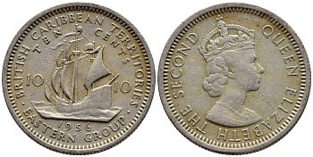 Британские Восточно-Карибские территории 10 центов 1956 Елизавета II (1952-2022), парусник KM 5 медно-никель 4387-557