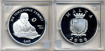 Мальта 5 лир 2006 Темистоклес Заммит (Сэр Теми Заммит), археолог, историк, писатель, профессор химии и врач KM 138 серебро PROOF 5-3-1-32
