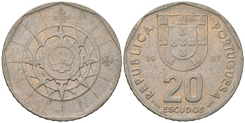 Португалия 20 эскудо 1987 KM 634 медно-никель 4619-715