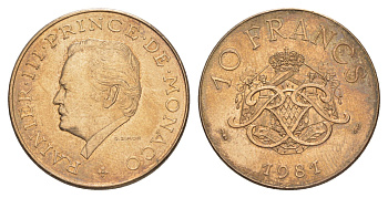 Монако 10 франков 1981 Ренье III (1949-2005) KM 154 медь алюминий никель UNC 4646-1211