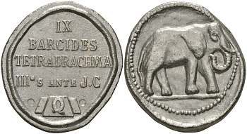 ЕВРОПА ЖЕТОН ND С ИЗОБРАЖЕНИЕМ КАРФОГЕНСКОЙ ТЕТРАДРАХМЫ, БАРКИДОВ, СЛОН белый металл 65-521